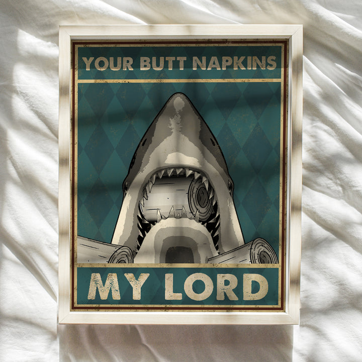 Bathroom Wall Art & Decor for Boys - Butt Napkins - Sharks Bathroom Wall Art - nautical Bathroom Decor - Beach Bathroom Decor - Funny Coastal Ocean Wall Art - Kids Bath decoration - Restroom Sign