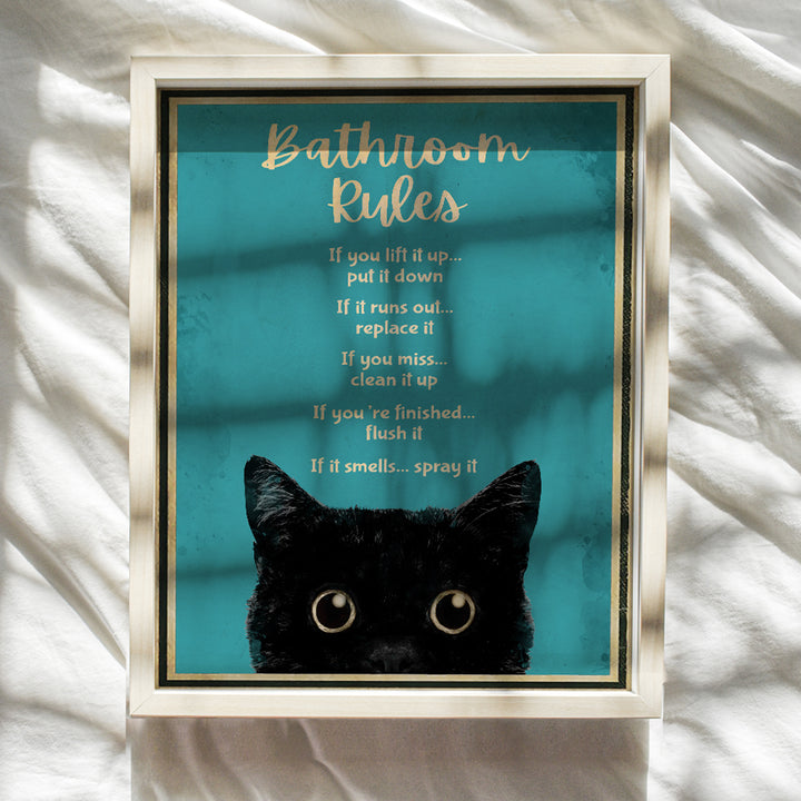 Funny Cat Bathroom Decor for Women, 11x14 - Bathroom Rules Wall Decor - Teal Bathroom Wall Art - Bath Wall Decor - Guest Bathroom - Powder Room - Restroom Sign - Blue Bathroom Decorations - Kitty