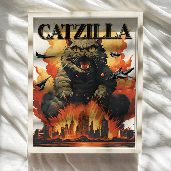 Funny Cats Wall Art & Decor - Catzilla - Black cat - Funny Cat Poster - Cat Gifts for Men, Cat Dad, Boys' Bedroom, Man cave Decor - Mens Cat Wall Decor - Horror Movie Poster - Japanese Wall Art Print