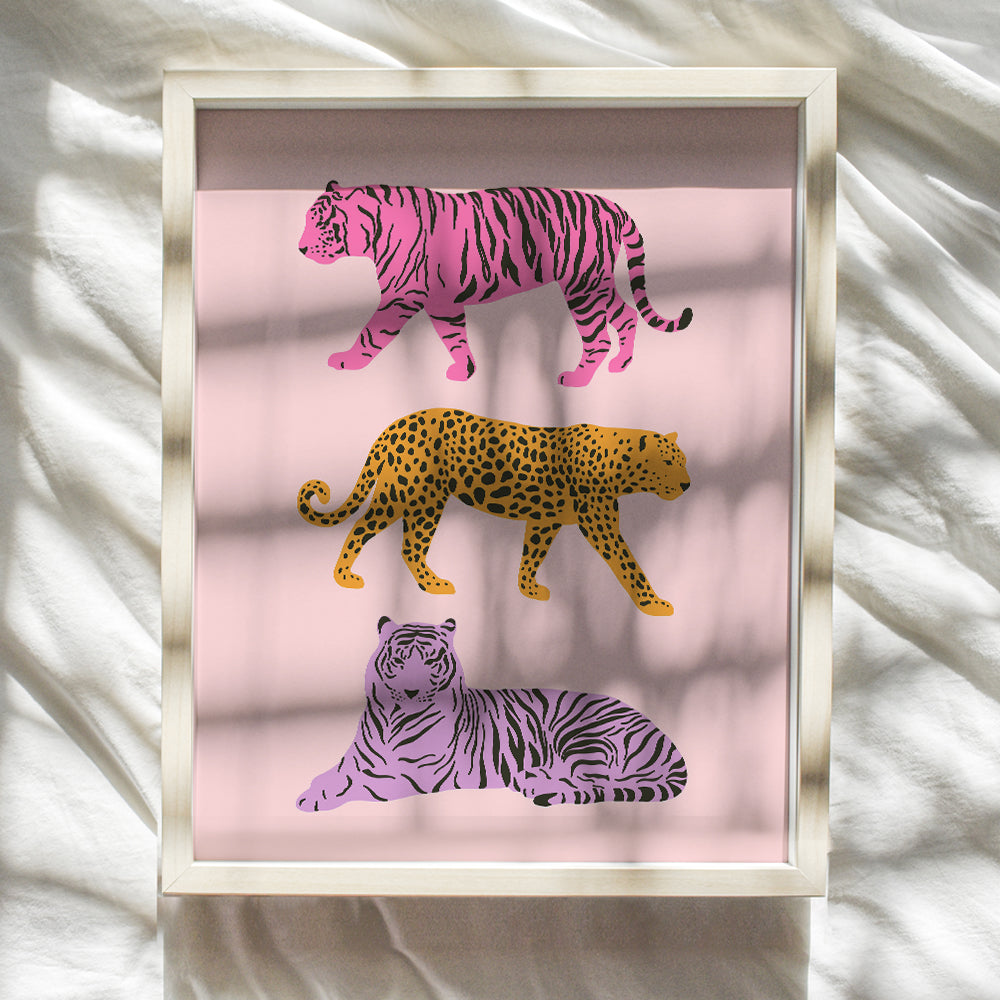 Mid-century Modern Cheetah Print Wall Art & Decor - Leopard Tiger Wall Decor - Living room Bedroom Decor for Women - Aesthetic Minimalist Wall Art - Pink Preppy Room Decor Poster - UNFRAMED 8x10