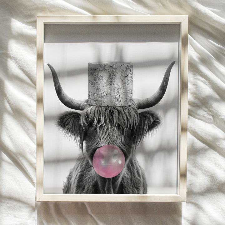 Cute Cow Bathroom Wall Art - Scottish Highland Cow Print - Black Gray Grey Pink Bathroom Wall Decor - funny Bathroom Pictures - Kids Bathroom Sign - Country Rustic Farmhouse Bathroom Accessories