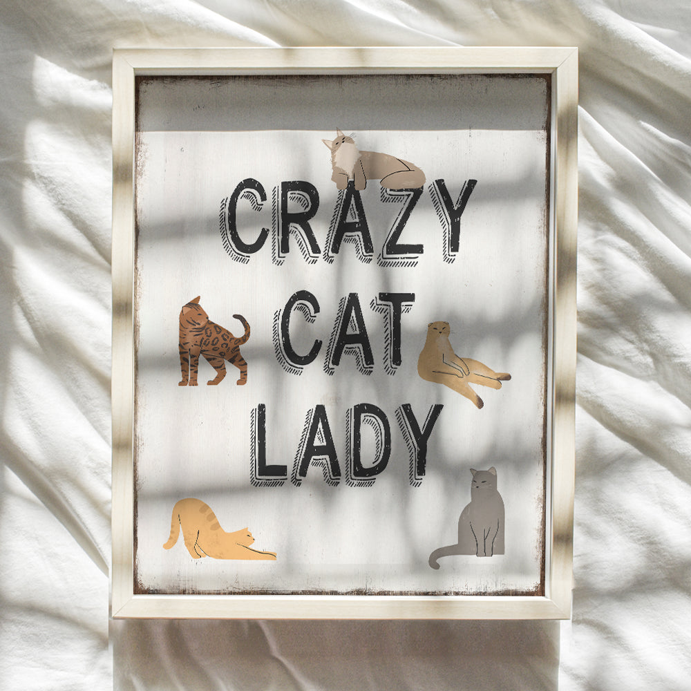 Cute Cat Wall Decor for Women - funny Sayings Crazy Cat Lady Gifts for Women, Woman, Girl, Kitty Cat Mom, Wife - Cats Wall Art for Living room, Kitchen, Bathroom, Apartment - Yellowbird Art & Design