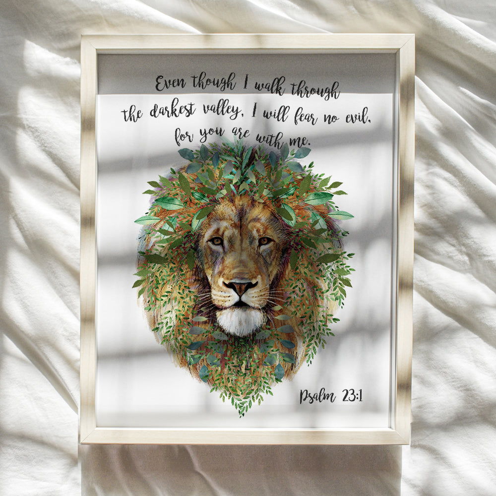 Christian Psalm 23 Bible Verse Wall Art Decor - Religious Scripture Bible Study Home Decoration - Inspirational Poster Print - Pastor Ordained Minister Motivational Gift for Men, Women, Boys - Lion