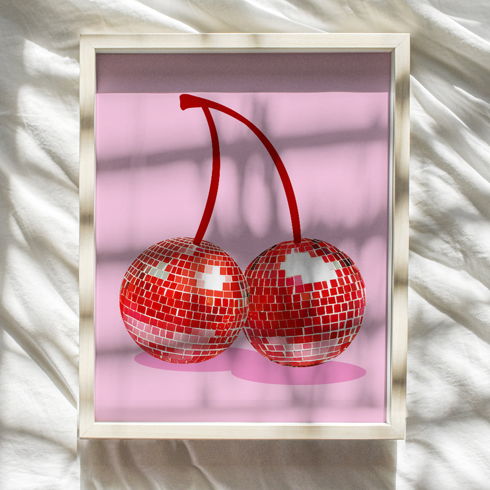 Disco Ball Cherry Decor - 70s 80s Wall Decor for Women Girls - Aesthetic Room Decor - Vintage Retro style Gallery Wall Art - Teen Room Decor - Preppy Trendy Funky Mid-century modern Living room Decor