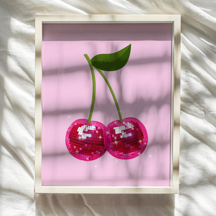 Trendy Retro Wall Art & Decor - Cherry Disco Ball Home Decor Poster - Pink Funky Living room Wall Art- Preppy Stuff Room Decor - Girls Bedroom Dorm Teen Room Decor- Indie Eclectic Wall Decor Aesthetic