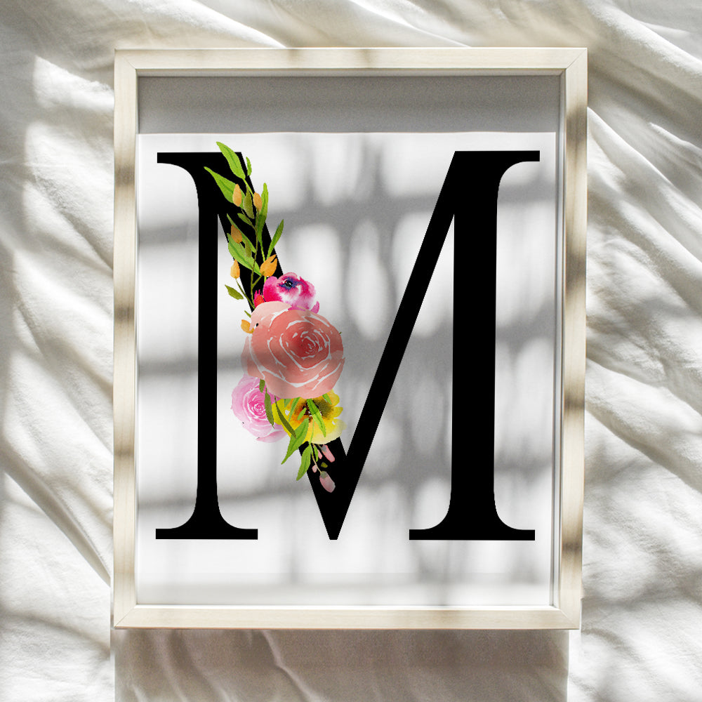 Letter M Initial Monogram Wall Decor - Floral Alphabet Art Home Decoration for Bedroom, Living Room, Bathroom, Office - Personalized Monogrammed Gift for Women, Girls, Teens - Pink Roses Sign