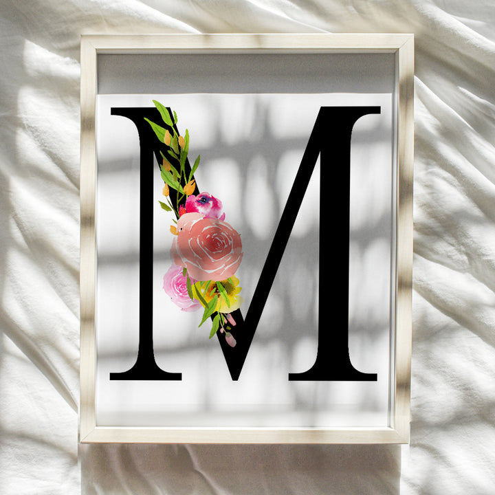 Letter M Initial Monogram Wall Decor - Floral Alphabet Art Home Decoration for Bedroom, Living Room, Bathroom, Office - Personalized Monogrammed Gift for Women, Girls, Teens - Pink Roses Sign