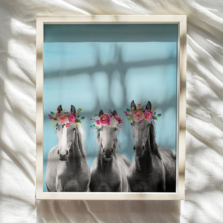 Horse Wall Art - Horse Wall Decor - Boho Farmhouse Wall Decor for Women, Teen Girls Bedroom, Office, Living Room - Country Western Bohemian Decorations - Light Blue Horse Poster 8x10