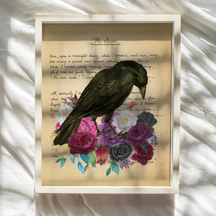 Edgar Allan Poe Gifts - The Raven - Gothic Living Room Decor - Medieval Decor - Wicca, Wiccan, Witchcraft, Occult - Goth Wall Art - Creepy Poster for Bedroom - Crow, Black Roses, Flowers Picture