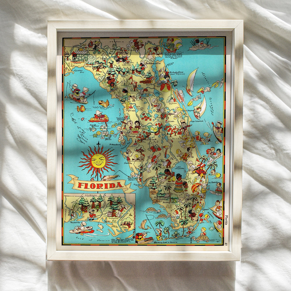 Map of Florida - Florida Tourism Tourist Map - 8x10 Sunshine State Travel Poster Postcard Wall Art Print - Unique Gift for Floridians - Vintage Retro Home Decor Picture - FL Beach House, Office