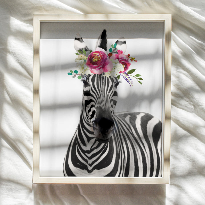 Zebra w/Flowers - Jungle Animal Floral Watercolor Wall Art Print Poster - Home Decor for Women, Girls, Teens or Kids, Room, Bedroom, Nursery - Cute Unique Baby Shower Gift - 8x10 Unframed