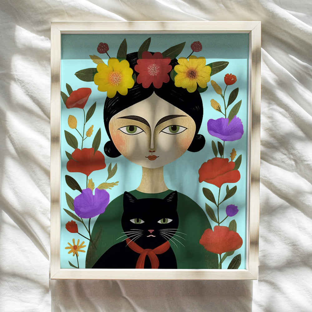 Cat Decor Frida Mexican Decor - Frida Poster 8x10 - Black cat Wall Art - Mexican Folk Art - Cute Cat Wall Decor - Mexicans Art - Cat Gifts for Women - Cat Mom, Cat Themed Gifts - Cat Lover Gifts