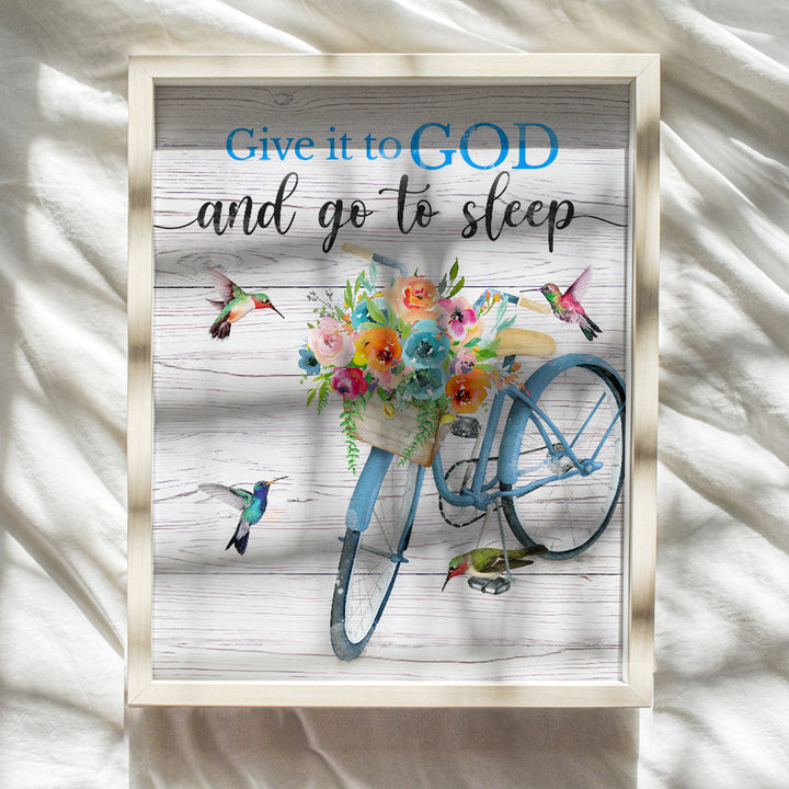 Give it to God and Go to Sleep Sign - God Wall Decor - Christian Gifts for Women - Spiritual Wall Decor - Inspirational Wall Art - Religious Wall Decor - Hummingbird Wall Decor - Bicycle Wall Decor