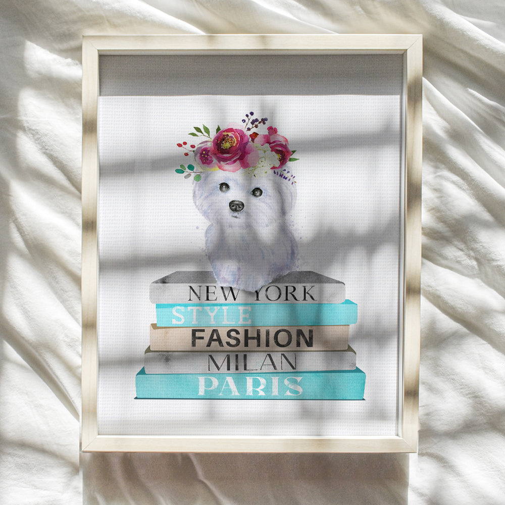 Puppy Dog Wall & Decor - High Fashion Designer Wall Decor - Dog Lover Gifts - Fashion design Glam Wall Art Poster - Cute Blue Bedroom Decor - Glamour Luxury Haute couture Wall Art - Maltese dog 8x10