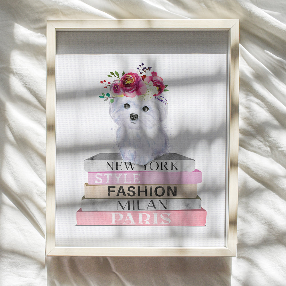 Maltese Puppy - Dog Wall Decor - Puppy Wall Decor - Glam High Fashion design Wall Art - Dog Lover Gifts - Cute Dog Wall Art - Designer Wall Decor - Glamour Haute couture Pink Wall Art