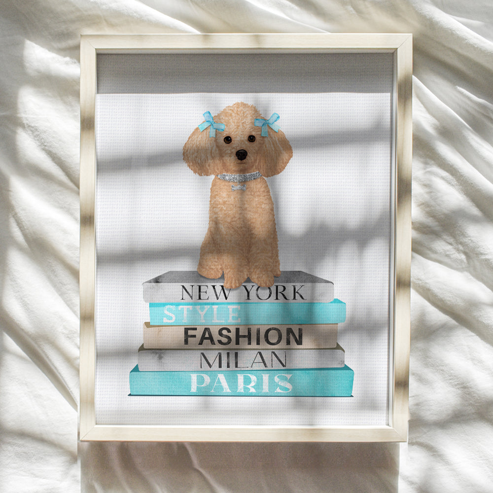 Fashion Dog Wall Art & Decor - Blue Designer Wall Decor - Fashion design Living room Girls Bedroom Decor - Cute Dog Lover Gift Puppy Dog Poodle decoration - Haute couture Fashionista Wall Art Poster