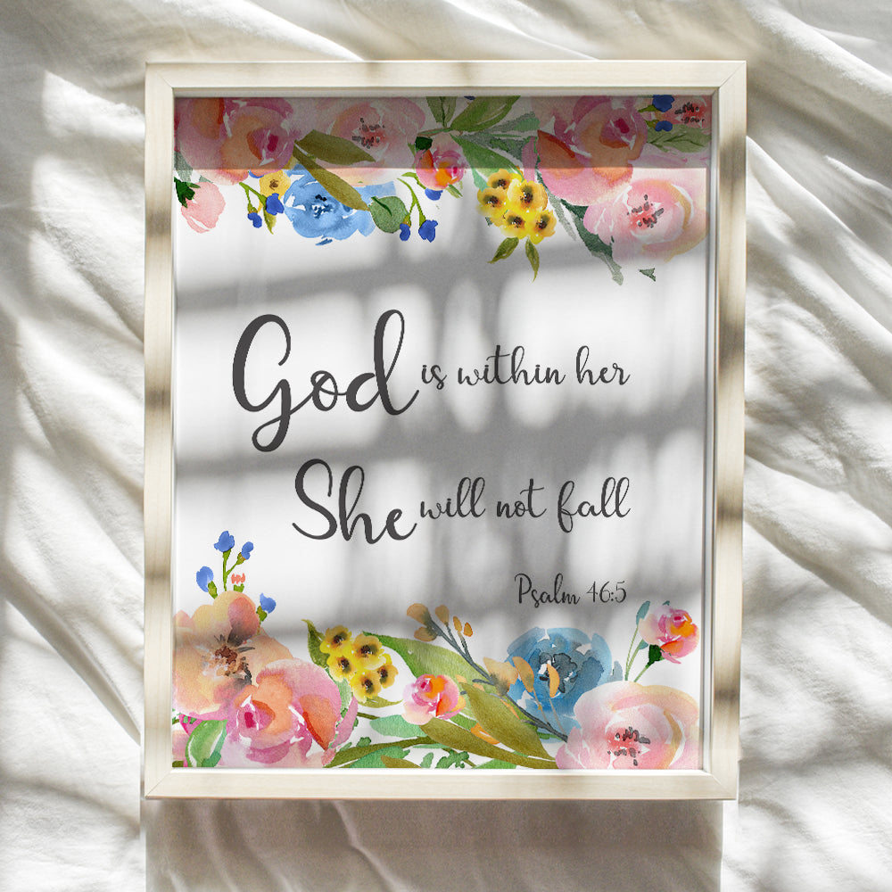 Psalm 46 - God is Within Her She Will Not Fall - Positive Quotes Wall Decor - Motivational Posters - Inspirational Christian Wall Art - Bible Verse Scripture Decor - Gift for Religious Women, Girls