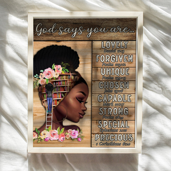 African American I Am Decor - Black Wall Art - Catholic Christian Religious Gifts for Women - God Says You Are - African American Girls - Inspirational Scripture - Motivational Spiritual Bible Verses