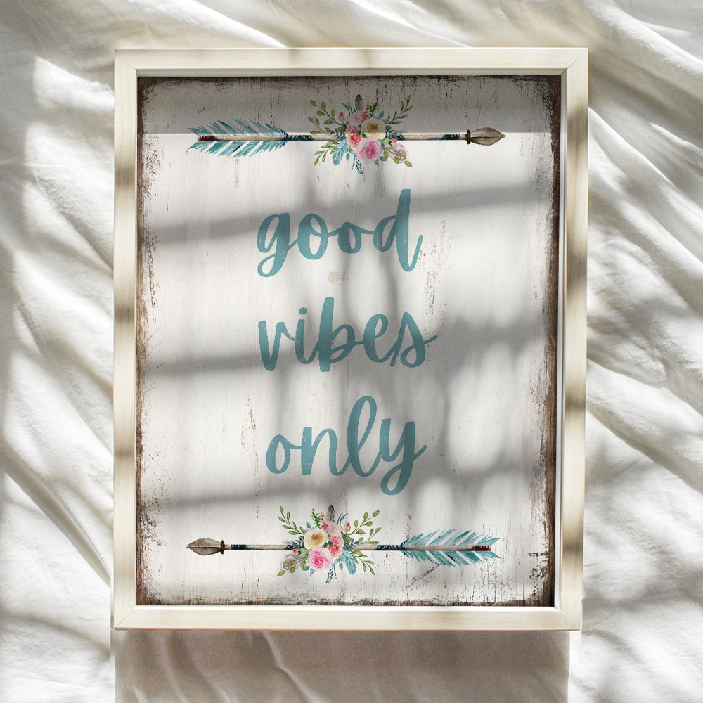 Good Vibes Only - Arrow Wall Decor - Zen Spa Wall Decor - Southwest Decor - Boho Wall Decor - Bohemian Wall Decor - Inspirational Quotes - Spiritual Gifts for Women - Rustic Wall Art for Women - Blue