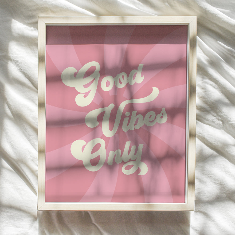 Yellowbird Art & Design Good Vibes Only Wall Art - Good Vibes Sign - Hippie Trippy Home Decor - Pink 60's Retro style Wall Art Poster - Happy Quotes Wall Decor - Hippie Wall Art - Aesthetics Wall Art