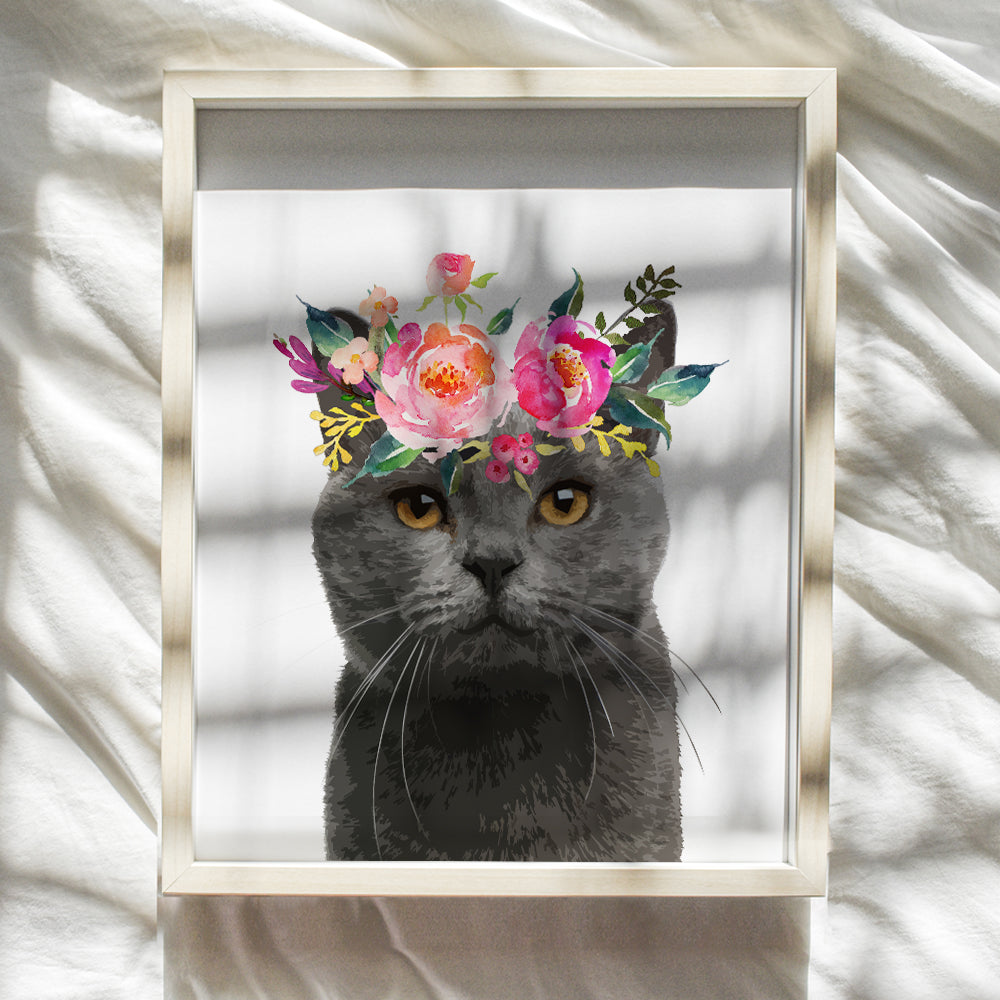 Gray Cat Wall Decor - Cat Lover Gifts for Women - Adorable Floral Kitten, Kitty Wall Art Poster - Cute Girly Room Decoration for Girls Bedroom, Kids Room, Living Room, Baby Nursery - Grey Cat