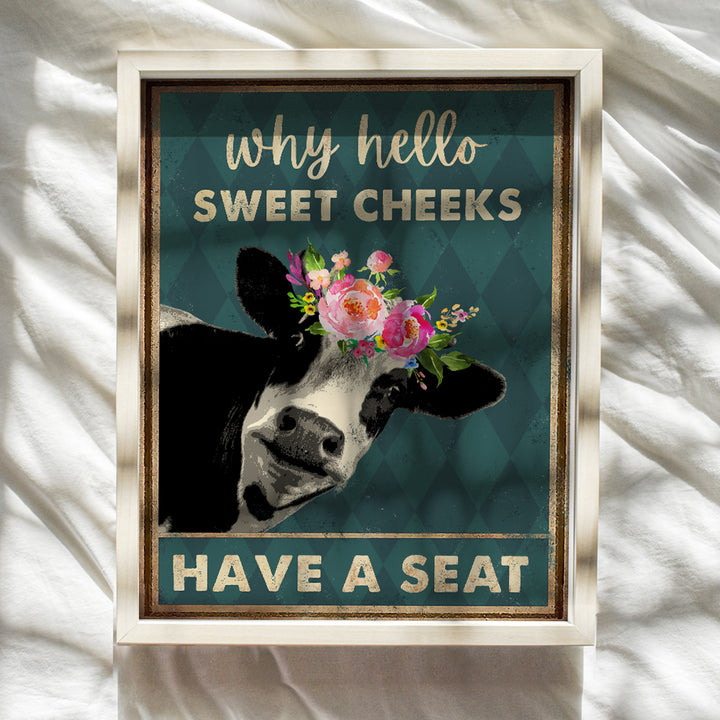 Hello Sweet Cheeks Bathroom Sign - Cow Bathroom Decor - Bathroom Wall Art Pictures - Cute Bathroom Accessories - Funny Bathroom Poster - Bath Wall Decor - Guest Bathroom - Powder Room