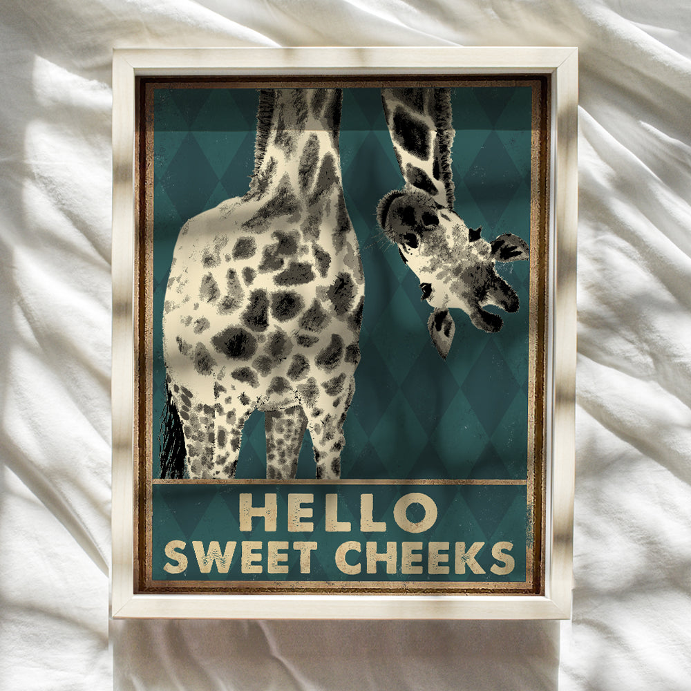 Giraffe Decor - Bathroom Wall Art Decorations - Hello Sweet Cheeks Bathroom Sign - Funny Bathroom Decor Poster - Bathroom Pictures - Cute Bathroom Accessories - Bath Wall Decor - Guest Bathroom