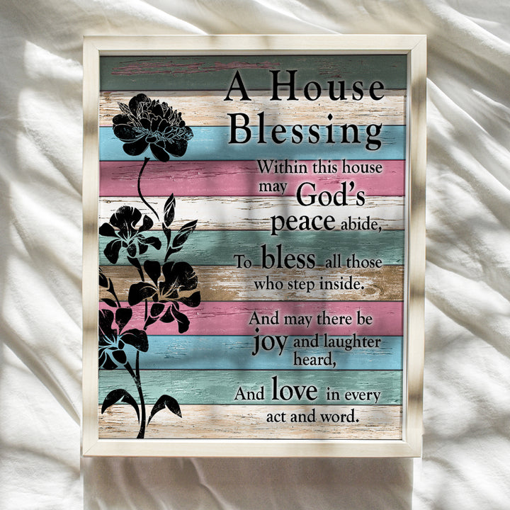 House Blessing - Christian Wall Decor - Religious Housewarming Gifts for Women, Pastor, Minister - Inspirational Wall Art - Blessed Wall Art - Bible Verse Wall Decor - Pink Teal Blue Picture -Unframed