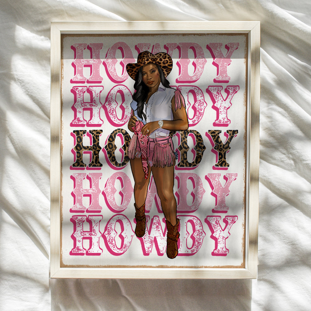 Black women Cowgirl Wall Art - Preppy Pink Room Decor for Black Girl, Teens - Country Rustic Western Wall Decor for Women - Trendy Howdy Sign for African Americans - Black Art Aesthetic Room Decor