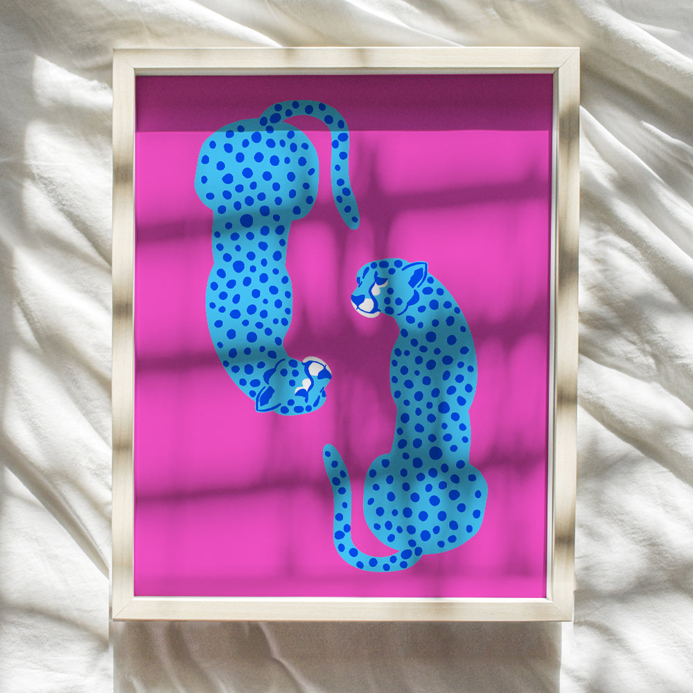 Mid-century Modern Aesthetic Cheetah print Wall Art - Minimalist Wall Art - Pink Blue Indie Preppy Room Decor Poster - Living room Bedroom Decor for Women Woman - Leopard Wall Art & Decor - UNFRAMED