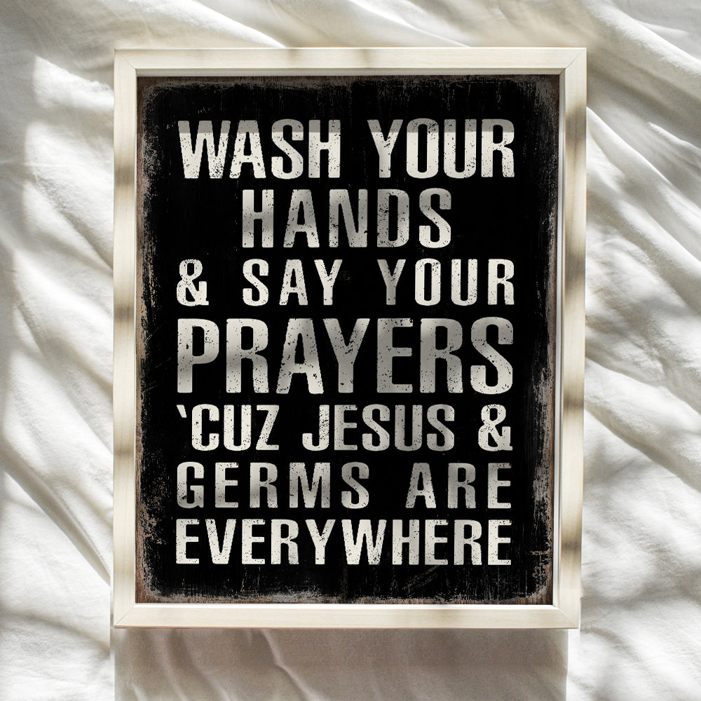 Christian Art Kids Bathroom Decor - Boys Bathroom Religious Wall Decor - White Black Bathroom Decor - Wash Your Hands Bathroom Sign - Jesus Christ funny Bathroom Decor - Rustic Restroom Accessories