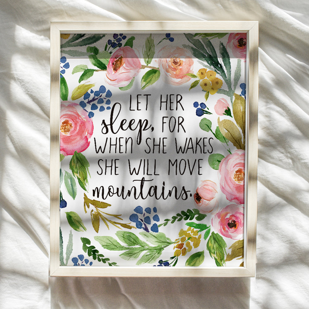 She Will Move Mountains - Let Her Sleep For When She Wakes Wall Art - Christian Wall Art for Women, Girls Room Decor - Religious Gifts Wall Decor - Bible Verse Scripture Bedroom Decor for Women