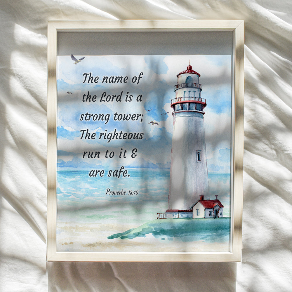 Nautical Lighthouse Religious Wall Art - Christian Scripture Bible Verse Gift - Ocean Home Decoration, Bathroom Decor - Print for Seaside Beach House, Restroom, Living Room, Bedroom - Blue Proverbs