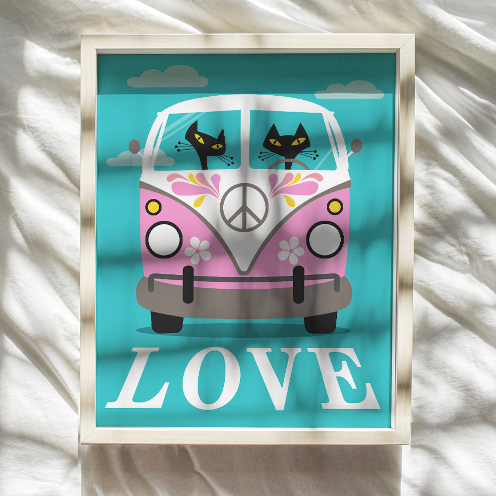 Hippie decoration Cat Wall Art - Boho-chic Cat Lover Wall Decor - Retro style Love Wall Decor - Mid-century modern 60s 70s Wall Decor Couples Gift - VW Bus Wall Art Hippy Room Decor - UNFRAMED 8X10