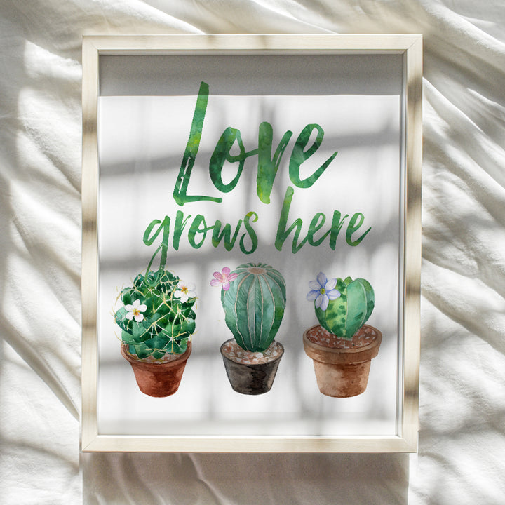 Love Grows Here Sign - Cactus Wall Art - Desert Decor - Cactus Wall Decor - Boho Decor for Bedroom, Living Room, Office, Bathroom - Saguaro Cactus Decor - Sonoran Desert Wall Art - Cactus Blossom