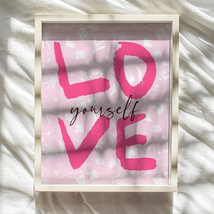 positive Wall Art for Women - Women’s empowerment Inspirational Quotes Wall Decor - Love Yourself - Preppy Room Decor - Pink Retro style Trendy Home Decor - Indy Teen Girls Bedroom Decor Aesthetic