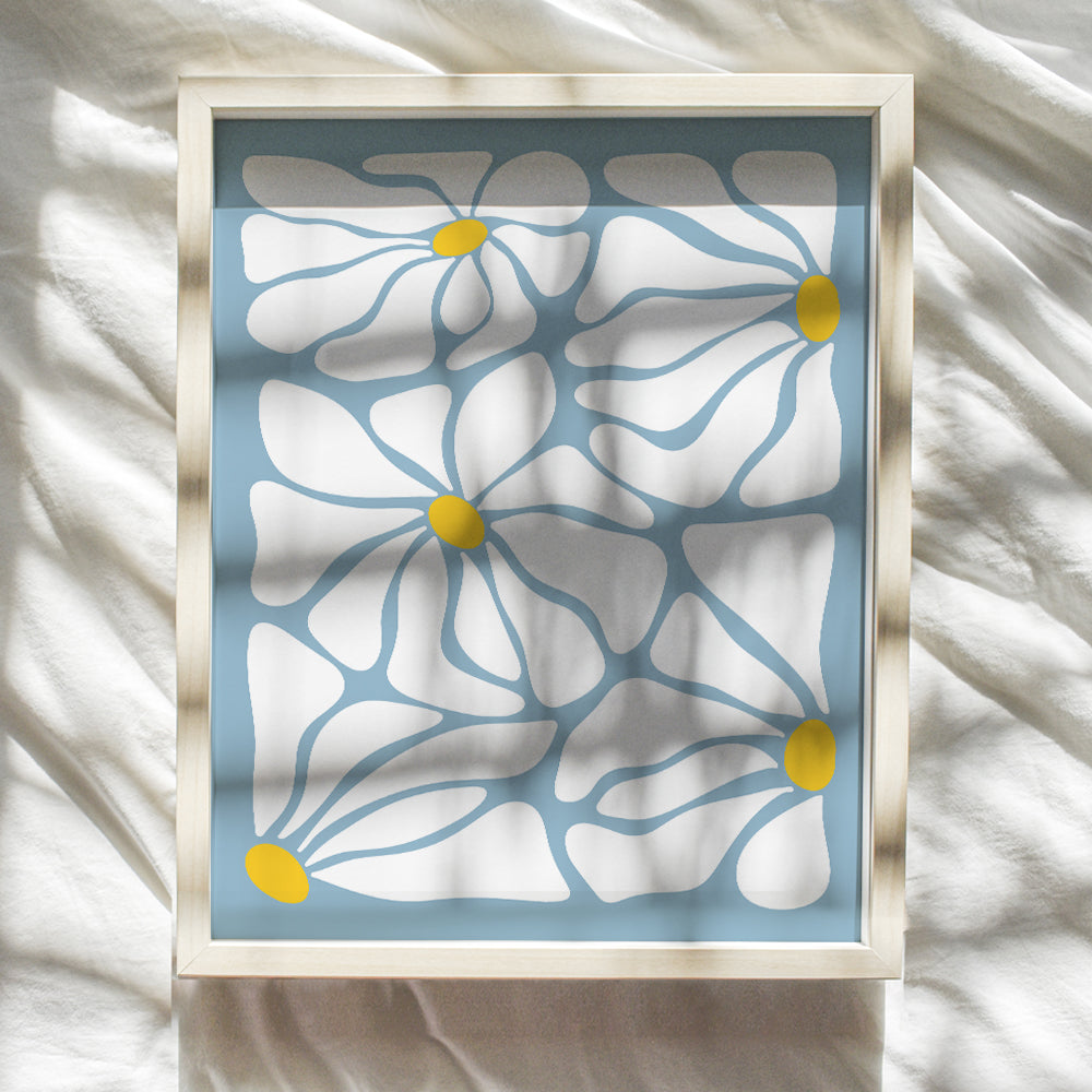 Light Blue Minimalist Boho Decor - 70s Aesthetic Room Decor for Bathroom, Bedroom, Living Room - Trendy Wall Art - Retro Vintage Abstract art - Preppy Flower Hippie Mid Century Wall Decor for Women