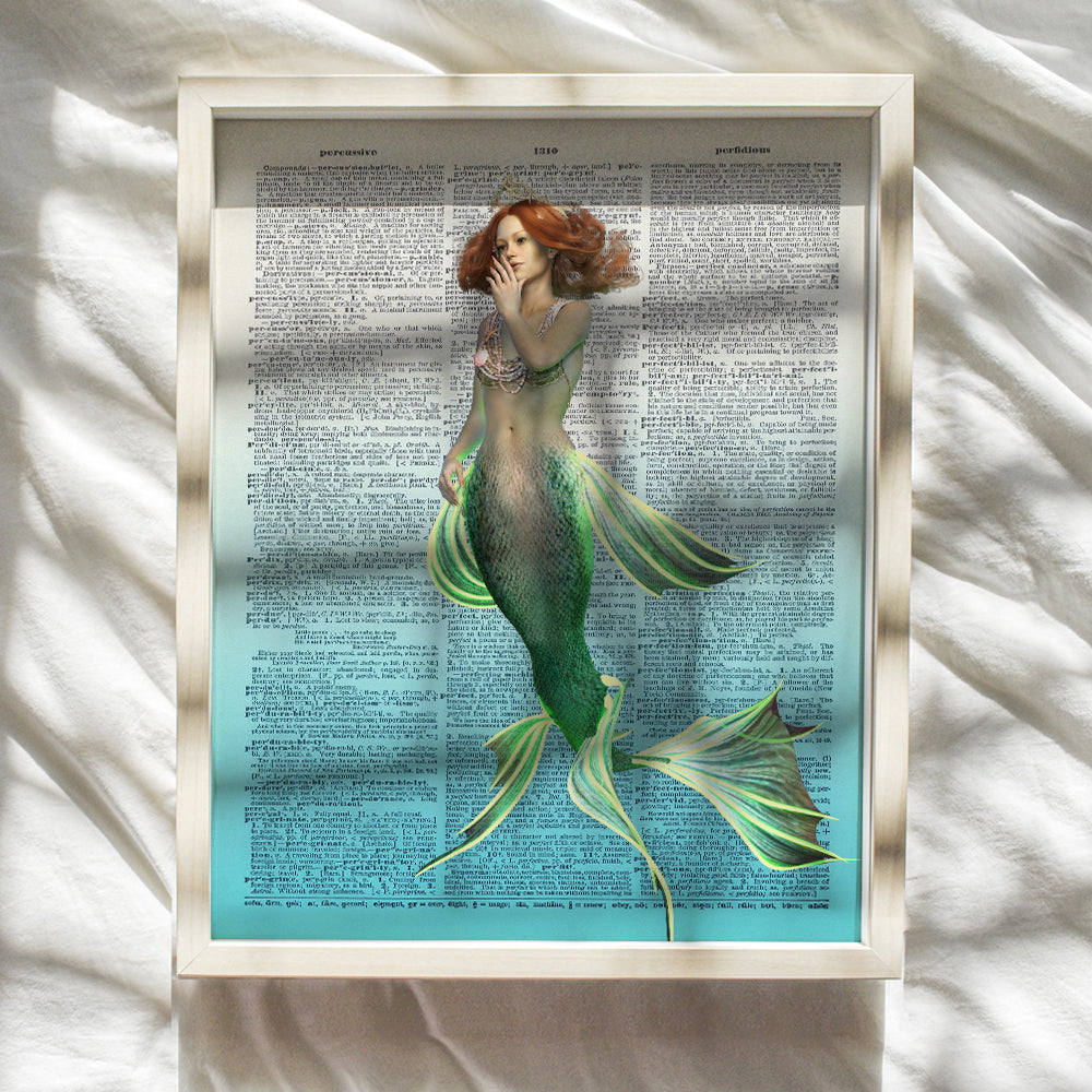 Princess Mermaid Dictionary Art - 8x10 Fantasy Poster for Bedroom, Living Room, Lake, Ocean or Beach House, Bathroom, Bath - Nautical Wall Decor, Home Decoration - Chic, Unique Gift - Unframed Print