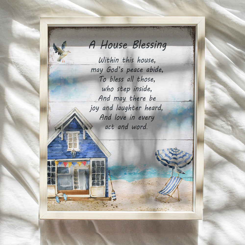 House Blessing - God Bless This House Wall Decor - Coastal Wall Decor - Christian Religious Housewarming Gifts - Rustic Beach Wall Decor - Ocean Beach House Decor - Nautical Wall Art - Beach Bathroom