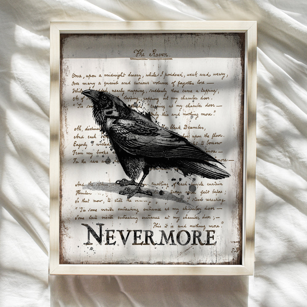 Edgar Allan Poe Gifts - The Raven - Nevermore - Creepy Poetry Poem Wall Art - Goth Room Decor - Gothic Home Decor - Vintage Rustic Decoration - 8x10 Retro Poster Print - Sign Plaque Poster - Unframed