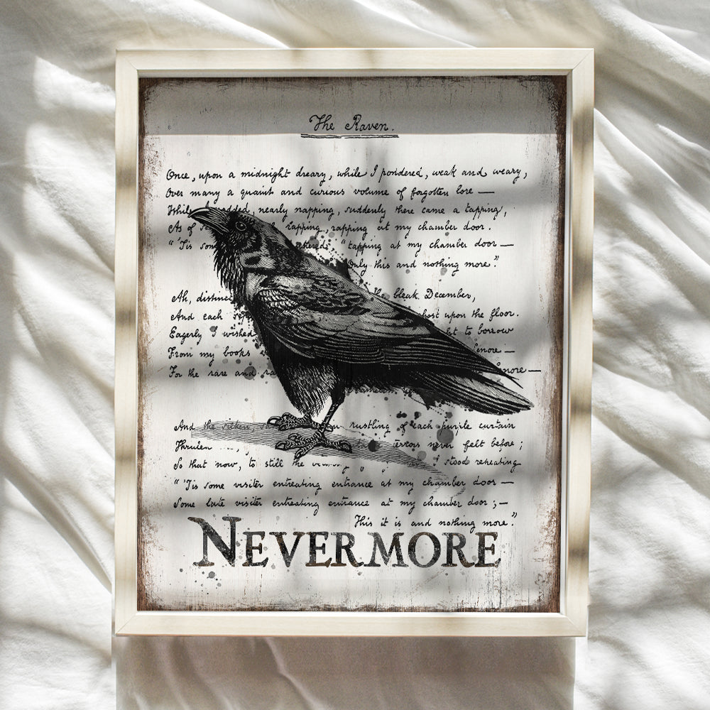 The Raven Wall Art & Decor - Nevermore - Edgar Allan Poe Gift - Goth Room Decor - Gothic Home Decor - Creepy Poem Poetry Wall Art - Vintage Rustic Decoration - Retro Style Poster Print 8x10 UNFRAMED