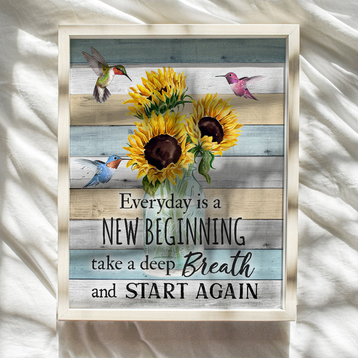 Inspirational Wall Art & Decor - New Beginnings Hummingbirds Sunflowers Rustic Boho Family Wall Art - Inspiration Saying Quotation - Positive Quotes Wall Decor - Encouragement Gifts for Women Woman