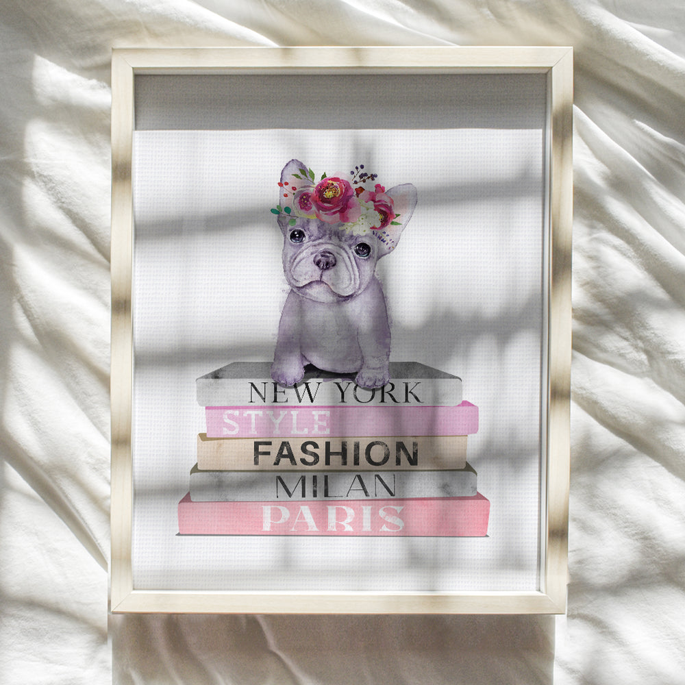 Toddler Little Girls Bedroom Decor - Puppy Dog Fashionista Fashion Design Bling Designer Wall Art - Boston Terrier French Bulldog Pink Girls Room Living room Wall Decor for Women Nursery Office - 8x10