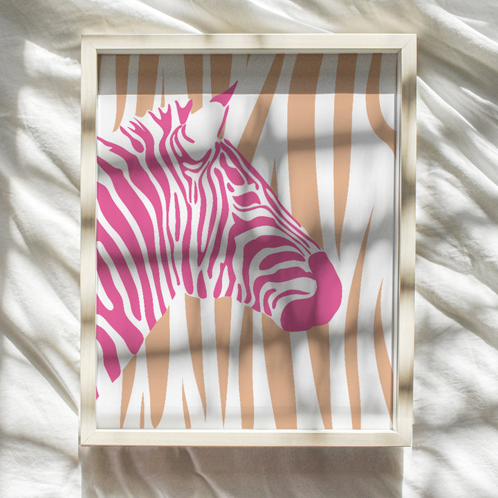 Zebra Print Minimalist Wall Decor - Mid Century modern Wall Decor - Zebra Wall Decor - Preppy Trendy Wall Decor for Women - Orange Pink Room Decor, Living room Decor Aesthetic - 70s Chic Home Decor