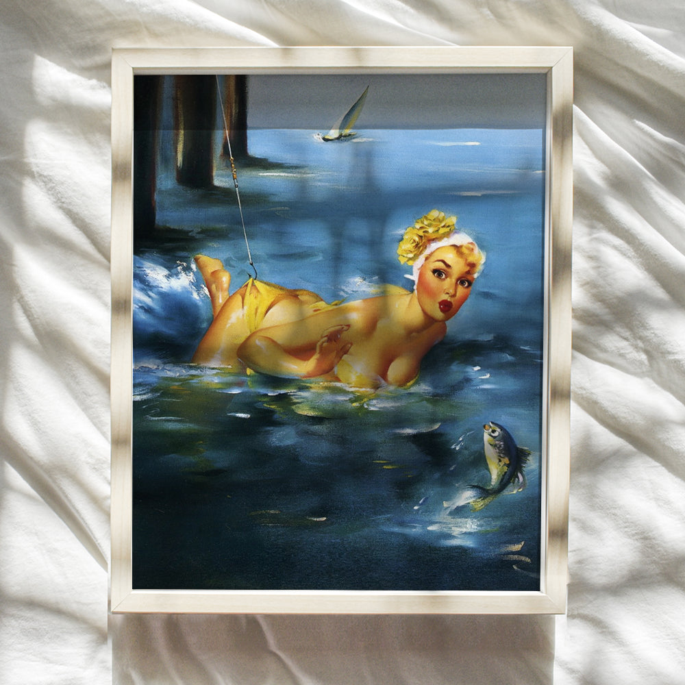 Fish Wall Art Decor - Beach House Decor - Fishing Fisherman Gifts for Men - Funny Pinup Girl - Retro Vintage Lake House Poster - Freshwater, Saltwater Fishing - Living Room, Bedroom Home Decorations