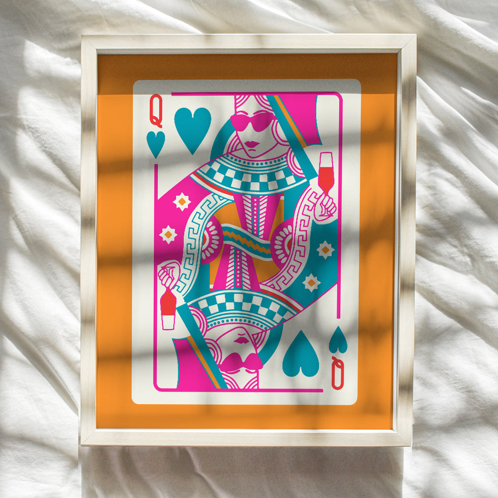 Queen of Hearts Preppy Room Decor - Queen O Hearts Cute Trendy Aesthetic Wall Decor for Women - Funky Blue Pink Orange Bar Decor - 70’s Retro Chic Home Decor - Maximalist Bedroom Living room Wall Art