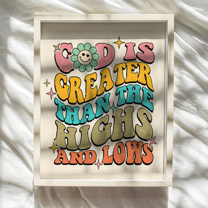 Retro Christian Wall Decor for Women - God is Greater Than The Highs And Lows - Girl Bedroom Boho Wall Art & Decor - Religious Gifts for Woman, Teens - 70s Scripture Bible Verse spiritual Home Decor