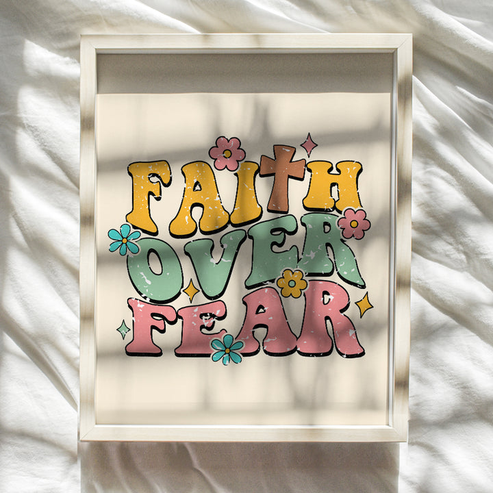 Faith Over Fear Inspirational quote Wall Decor - God Poster - Retro Style Motivational Wall Art - Bible Verse Christian Gifts for Women, Girls Bedroom - spiritual positive Sayings Religious Wall Decor