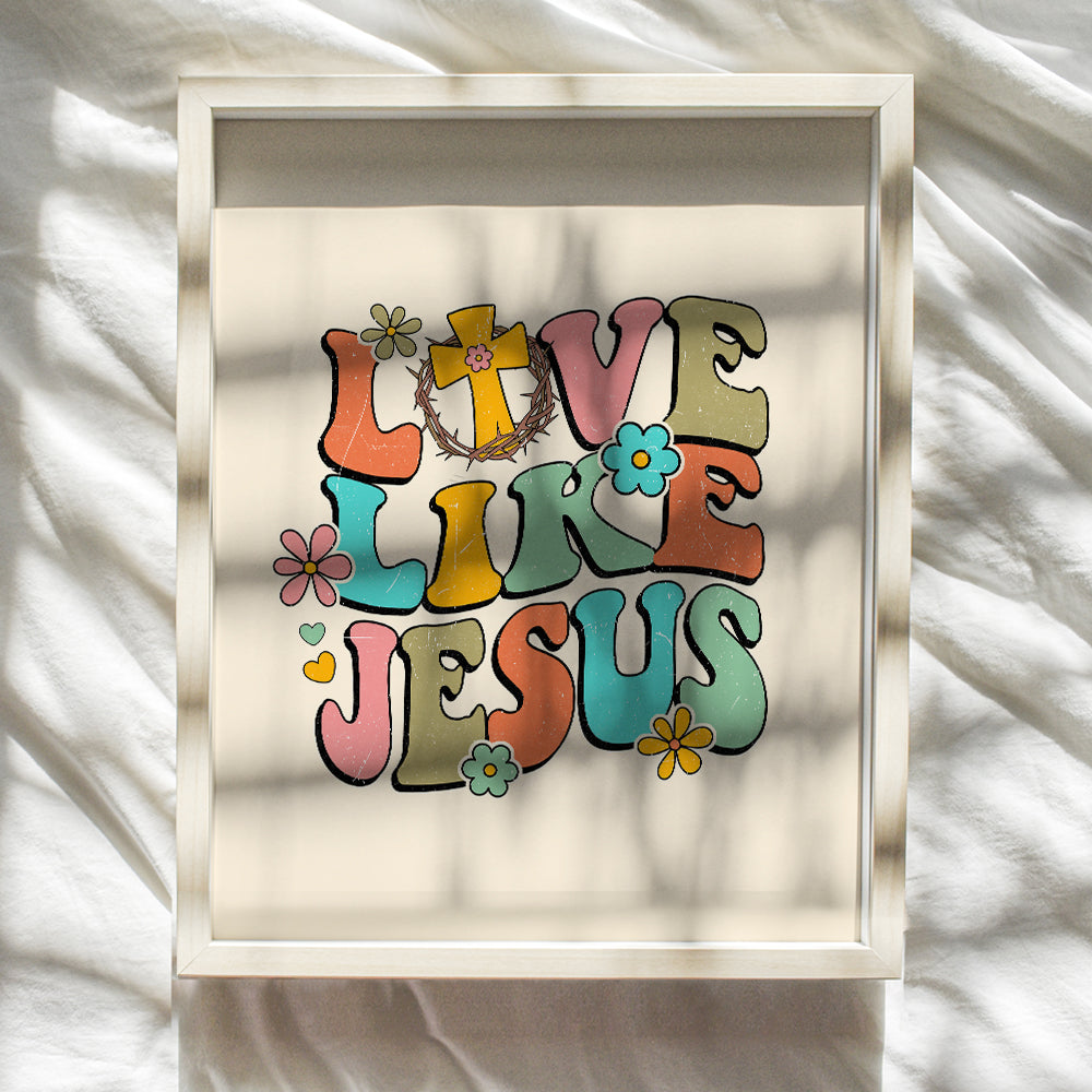 70s Retro Christian Wall Decor - Love Like Jesus Wall Art for Women - Vintage Hippie Flower Power Motivational poster - Bible Verse spiritual Gifts - Faith, Gratitude, Boho Home Decor for Women, Girls