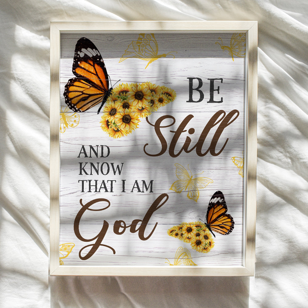 Be Still And Know That I Am God - Psalm 46 - Religious Scripture Bible Verse Wall Decor Sign - Christian Gifts for Women - Inspirational Country Farmhouse Rustic Sunflower - Boho Butterfly Wall Art